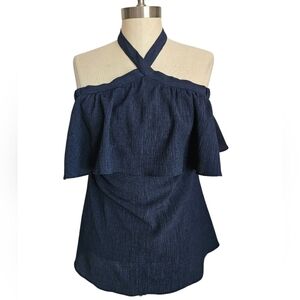 MICHAEL MICHAEL KORS Navy Blue Off-The-Shoulder Halter Ruffle Top | SZ S
